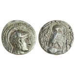 Attica, Athens (144/143 BC), AR Tetradrachm, 16.65g, head of Athena right, wearing ornamented tripl