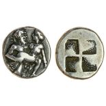Thracian Islands, Thasos (c.412-404 BC), AR Drachm, 3.51g, Satyr right, holding nymph in his arms,