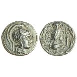 Attica, Athens (144/143 BC), AR Tetradrachm, 16.77g, head of Athena right, wearing ornamented tripl