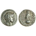 Attica, Athens (145/144 BC), AR Tetradrachm, 16.57g, head of Athena right, wearing ornamented tripl