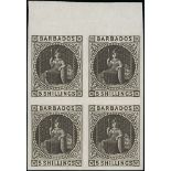 Barbados 1873 Watermark Small Star 5/- Dull Rose Imperforate Plate Proofs A marginal block of four