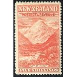 New Zealand 1898 Pictorials, London Printing 5/- vermilion Mount Cook, part original gum, hinge rem