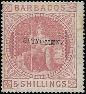 Barbados 1873 Watermark Small Star 5/- Dull Rose Specimen Stamps