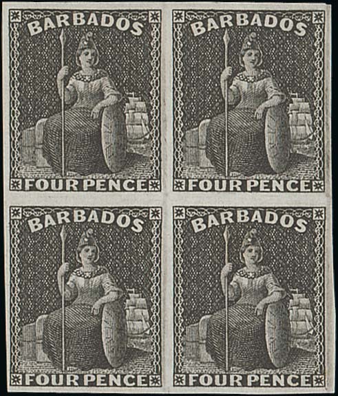 Barbados 1875 Crown CC, Perf. 12½ Imperforate Plate Proofs 4d. block of four in black on wove paper