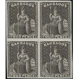 Barbados 1875 Crown CC, Perf. 12½ Imperforate Plate Proofs 4d. block of four in black on wove paper