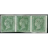 India 1854 2a. green strip of three, one stamp and part of another with "ffic" of One Anna waterma