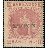 Barbados 1873 Watermark Small Star 5/- Dull Rose Specimen Stamps Handstamped "specimen. (BAR1),