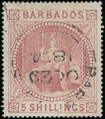 Barbados 1873 Watermark Small Star 5/- Dull Rose Issued Stamps Used and unusually cancelled with ce