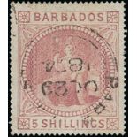 Barbados 1873 Watermark Small Star 5/- Dull Rose Issued Stamps Used and unusually cancelled with ce