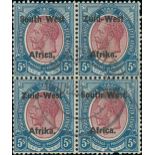 South West Africa 1923 Setting II 5/- purple and blue block of four,