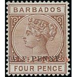 Barbados 1892 ½d. on 4d. Deep Brown Variety surcharge double (red and black),