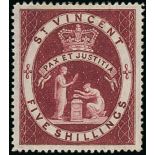 St. Vincent 1885-93 5/- lake with watermark inverted, fine mint.