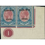 South West Africa 1923 (31 Mar.) Setting II 5/- purple and blue lower right corner plate number pai
