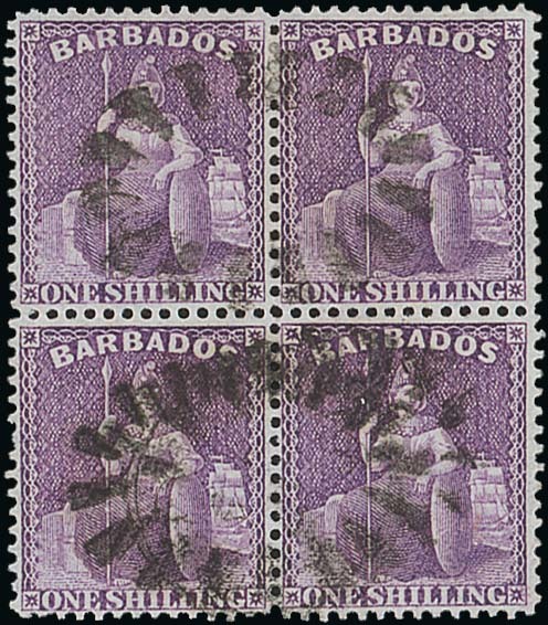 Barbados 1876-81 Crown CC, Perf. 14 Issued Stamps 1/- dull mauve block of four with watermark sidew