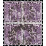 Barbados 1876-81 Crown CC, Perf. 14 Issued Stamps 1/- dull mauve block of four with watermark sidew