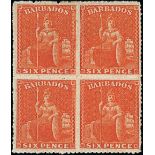 Barbados 1861-70 Issue Issued Stamps 6d. bright orange-vermilion block of four,