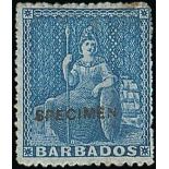 Barbados 1861-70 Issue Specimen Stamps (1d.) pale blue handstamped "specimen" (12x1½mm., unlisted i