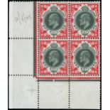 Great Britain King Edward VII Issues 1911-13 Somerset House 1/- deep green and scarlet, block of fo