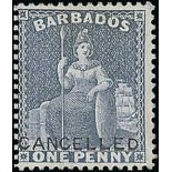 Barbados 1876-81 Crown CC, Perf. 14 Cancelled and Specimen Stamps 1d. dull blue overprinted "cancel