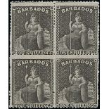 Barbados 1870 Watermark Large Star, Rough Perf. 14 to 16 1/- black block of four,