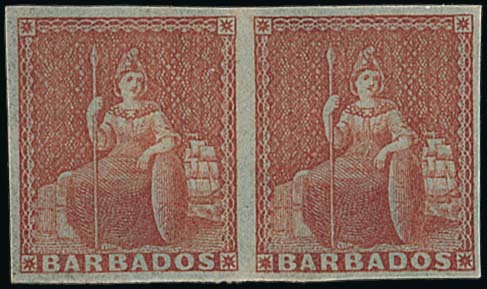 Barbados 1852-55 Blued Paper Issue Issued Stamps (4d.) brownish red horizontal pair with good to la