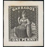 Barbados 1874-75 Watermark Large Star, Perforated 14 Die Proofs 1d. in black on India paper on card