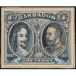 Barbados 1927 Tercentenary of Settlement Issue Essays 1d. composite handpainted essay on thick card