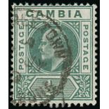 Gambia 1909 MCA ½d. blue green showing dented frame (left pane R.1/6), cancelled in transit? by "f