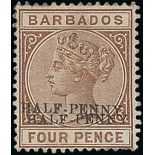 Barbados 1892 ½d. on 4d. Deep Brown Variety surcharge double, both in black,