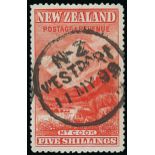 New Zealand 1898 Pictorials, London Printing 5/- vermilion Mount Cook, central Westport c.d.s. of 1