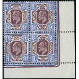 Great Britain King Edward VII Issues 1911-13 Somerset House 9d. deep plum and blue, block of four