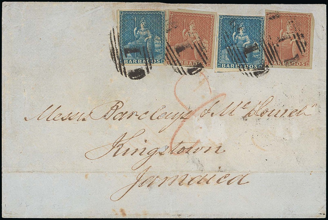 Barbados Britannia Issue Covers Jamaica 1859 (27 Jan.) double rate entire from Bridgetown to Kingst