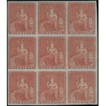 Barbados 1852-55 Blued Paper Issue Issued Stamps (4d.) brownish red block of nine with good to larg