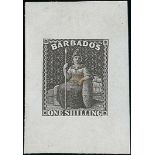 Barbados 1858 (10th. Nov.) No Watermark, Imperforate Die Proofs 1/- in black on India paper (30x44m