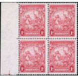 Barbados 1938-47 Definitive Issue Issued Stamps ½d. green perf. 14 marginal block of four with part