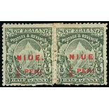 Niue 1902 Mount Cook ½d. green, perf. 14, horizontal pair, centrally patched and the right hand st