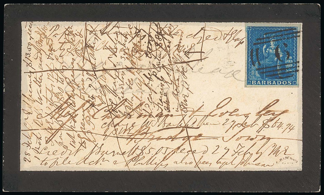 Barbados Britannia Issue Covers Inland Mail 1855 (19 Jan.) mourning envelope from St. Joseph to Bri