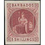 Barbados 1873 Watermark Small Star 5/- Dull Rose Imperforate Plate Proofs A single in maroon on wov