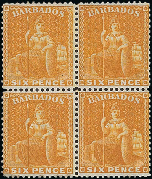 Barbados 1876-81 Crown CC, Perf. 14 Issued Stamps 6d. yellow block of four, watermark Crown to righ