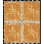 Barbados 1876-81 Crown CC, Perf. 14 Issued Stamps 6d. yellow block of four, watermark Crown to righ