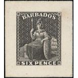 Barbados 1858 (10th. Nov.) No Watermark, Imperforate Die Proofs 6d. in black on India paper on card