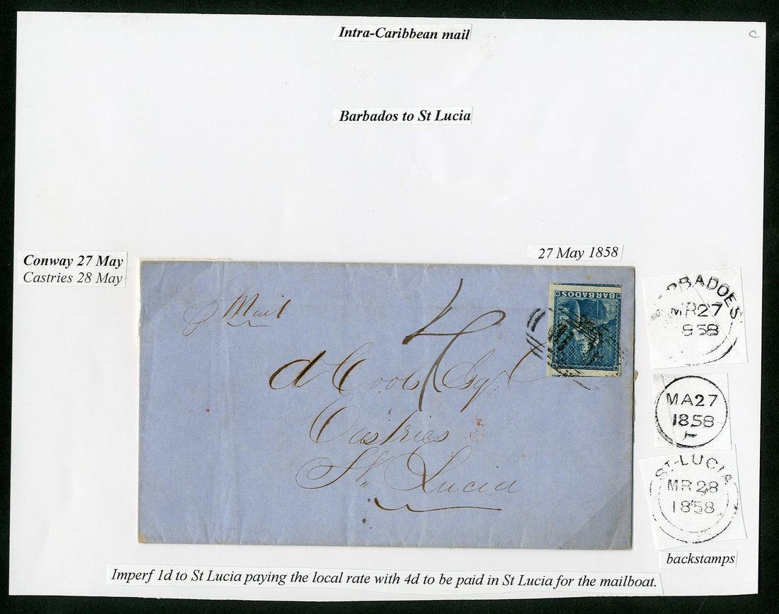 Barbados Britannia Issue Covers St. Lucia 1858 (27 May) entire, rated "4" and bearing 1855-58 white