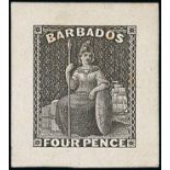 Barbados 1875 Crown CC, Perf. 12½ Die Proof 4d. in black on India paper on card (27x30mm.),