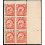 New Zealand 1899-1903 Local Print, Perforation 11, No Watermark 6d. red Kiwi, block of six (2x3) fr