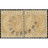 Barbados 1882-86 Keyplate Issue Issued Stamps 5/- bistre used horizontal pair,
