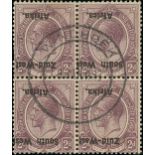 South West Africa 1923 (1 Jan.-17 June) Issued Stamps 2d. dull purple block of four, variety overpr