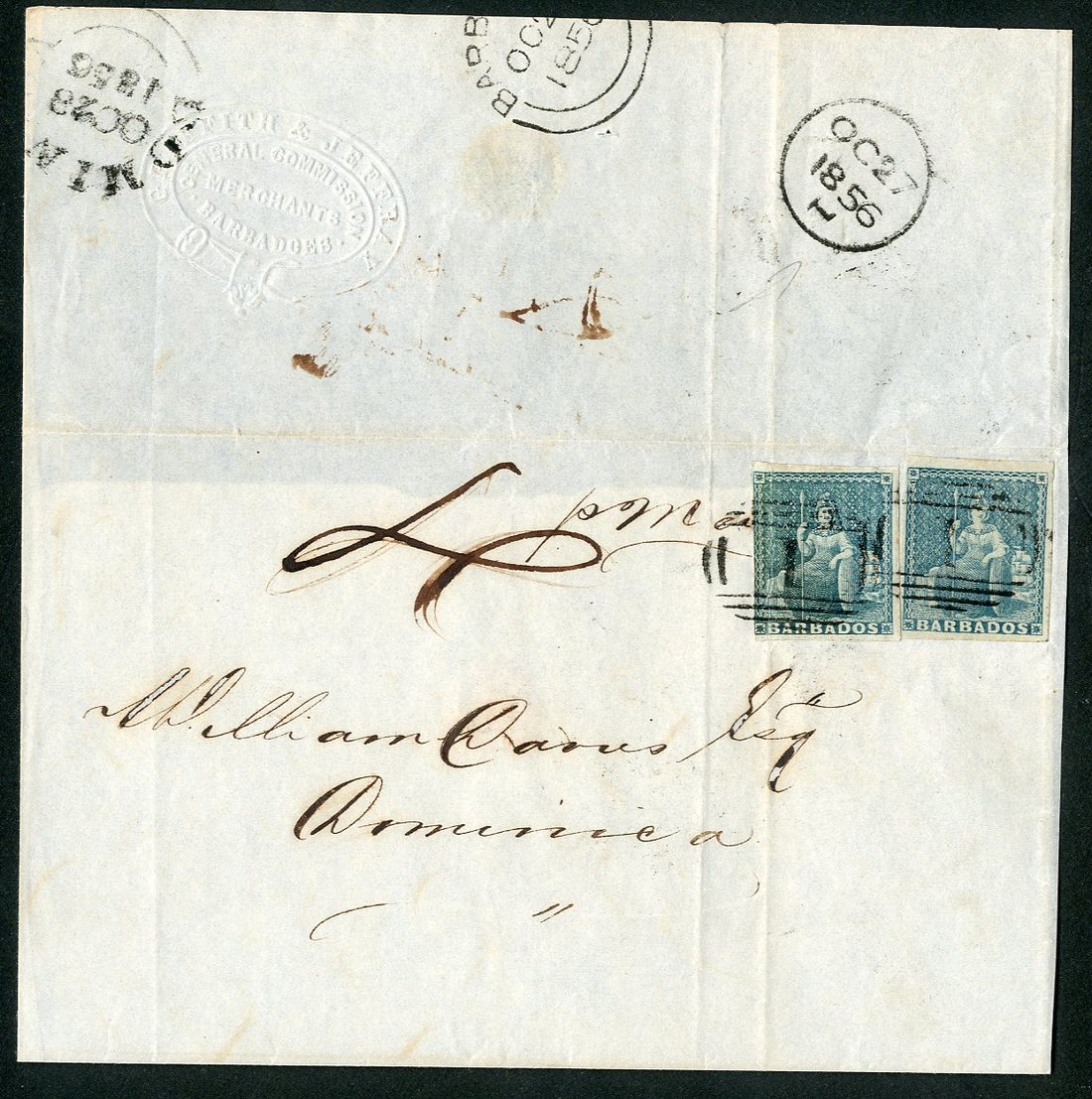 Barbados Britannia Issue Covers Dominica 1855 (27 Oct.) entire (no side flaps) from Griffith and Je