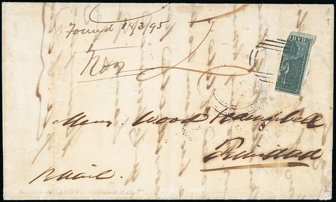 Barbados Britannia Issue Covers Trinidad 1854 (4 Aug.) entire to Wood & Campbell,