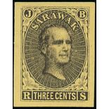 Sarawak 1869 Sir James Brooke 3c. Proofs Lithographed in black on yellow gummed paper, fine.