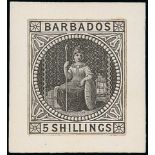 Barbados 1873 Watermark Small Star 5/- Dull Rose Die Proof Stamp-size in black on thin card